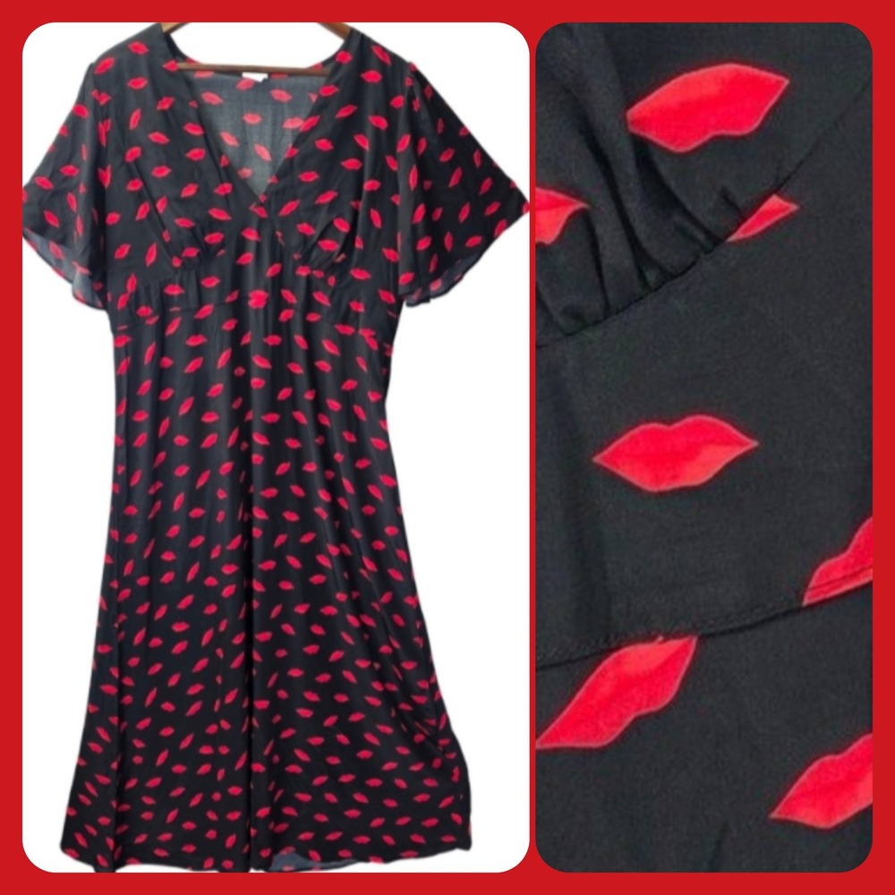 A New Day Black Red Kiss Lips Print V Neck Midi Dress Women's Size 16